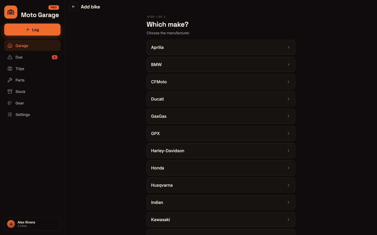 The Add bike flow showing the manufacturer picker with brands like BMW, Ducati, Harley-Davidson, and Honda