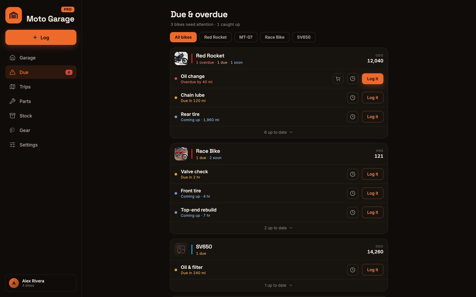 The Due & overdue page with per-bike cards showing overdue, due, and coming-up services, each with a Log it button