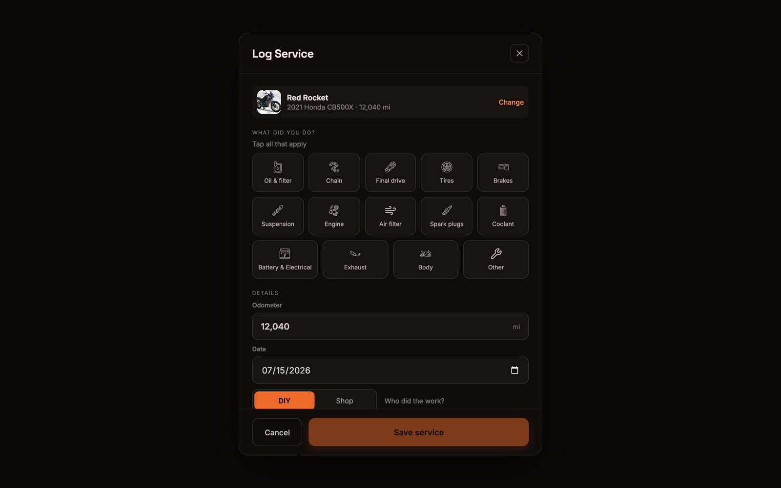 The Log Service dialog with category tiles for oil, chain, tires, brakes and more, plus odometer, date, and DIY or Shop fields