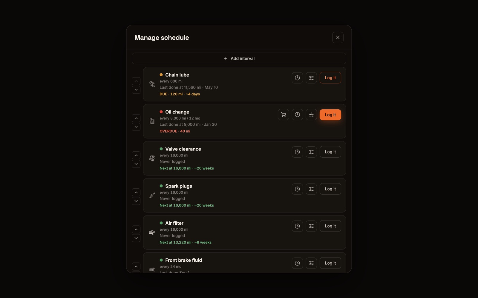 The Manage schedule dialog listing intervals like chain lube and oil change, each with recurrence, last-done, due status, and reorder controls