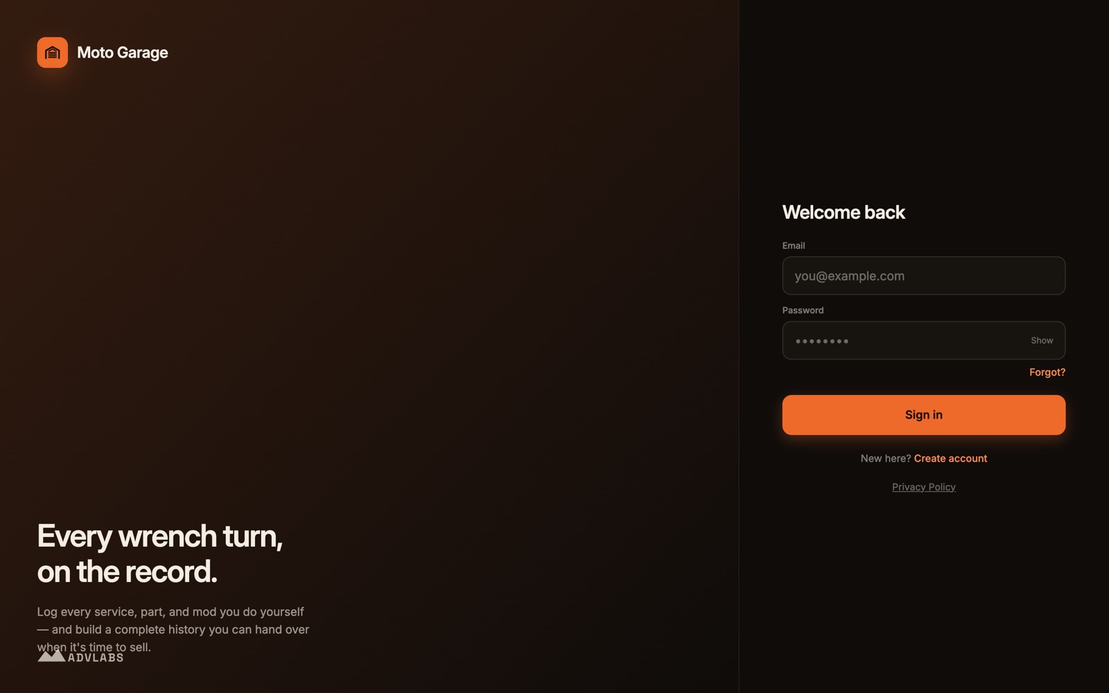 The Moto Garage sign-in screen with email and password fields and a Create account link
