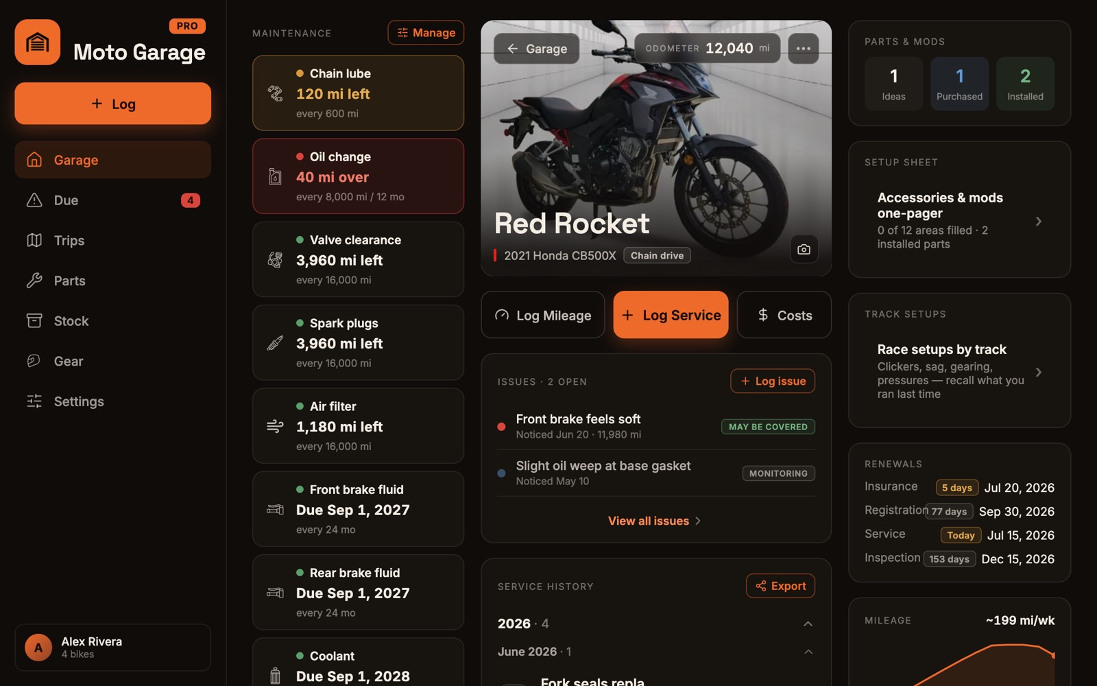 The Moto Garage web app: bike detail for Red Rocket with the maintenance rail, issues, parts and mods rollup, renewals, and mileage trend