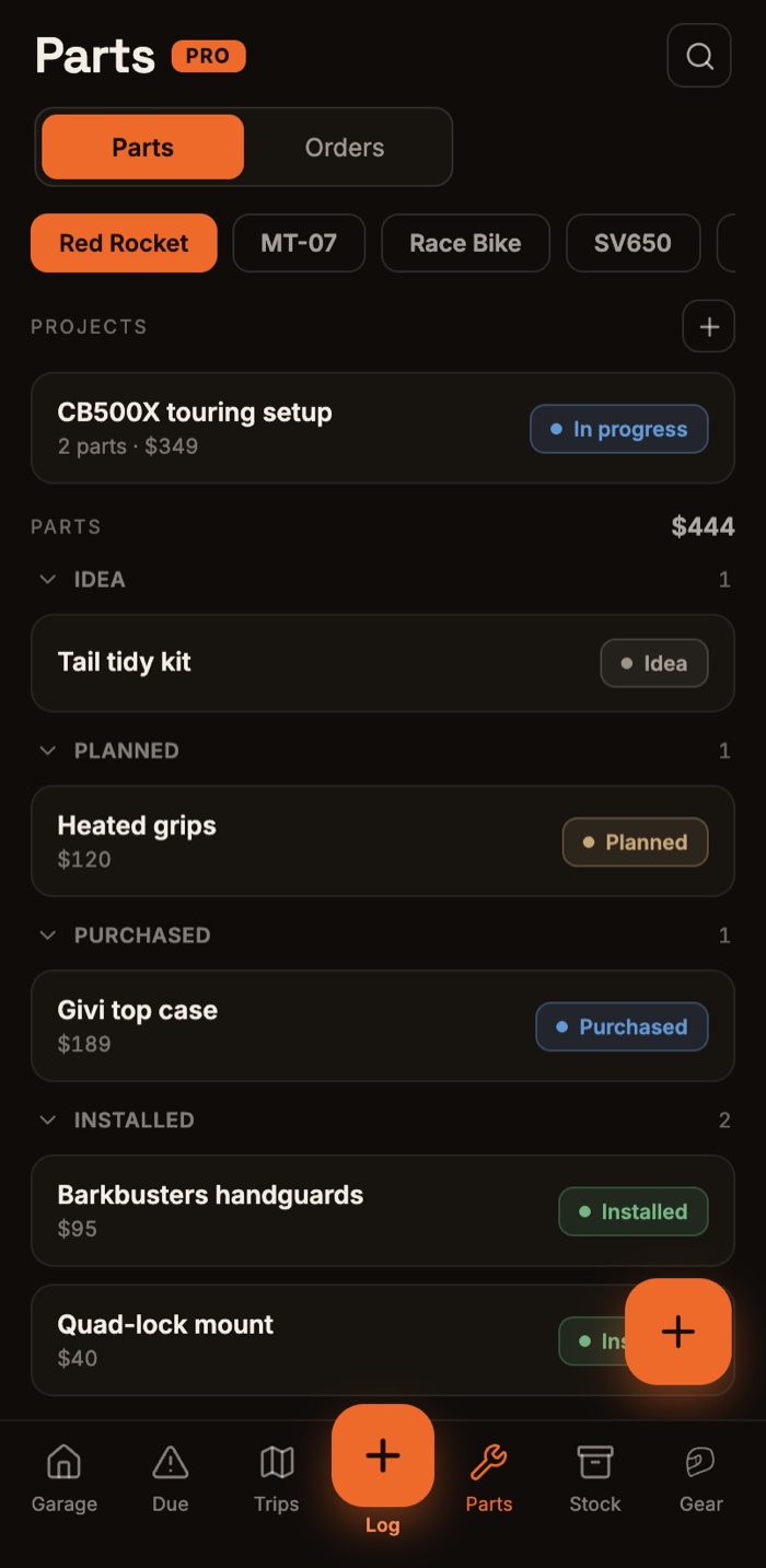 The Parts screen in the Moto Garage app: a project card and parts grouped by lifecycle stage — idea, planned, purchased, installed — with prices and status chips